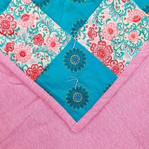 Handmade Patchwork Quilt Blue Pink Boho Crib Blanket Floral Cottagecore 38 x 44